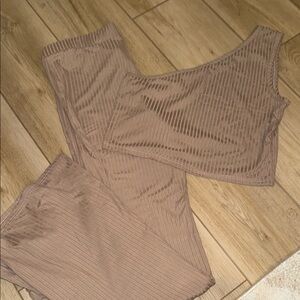 Brown Ribbed One-Shoulder Top and Pants Set